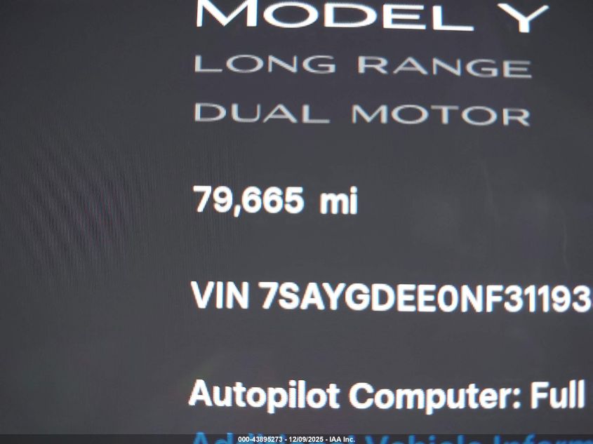 2022 Tesla Model Y Long Range Dual Motor All-Wheel Drive VIN: 7SAYGDEE0NF311935 Lot: 43895273