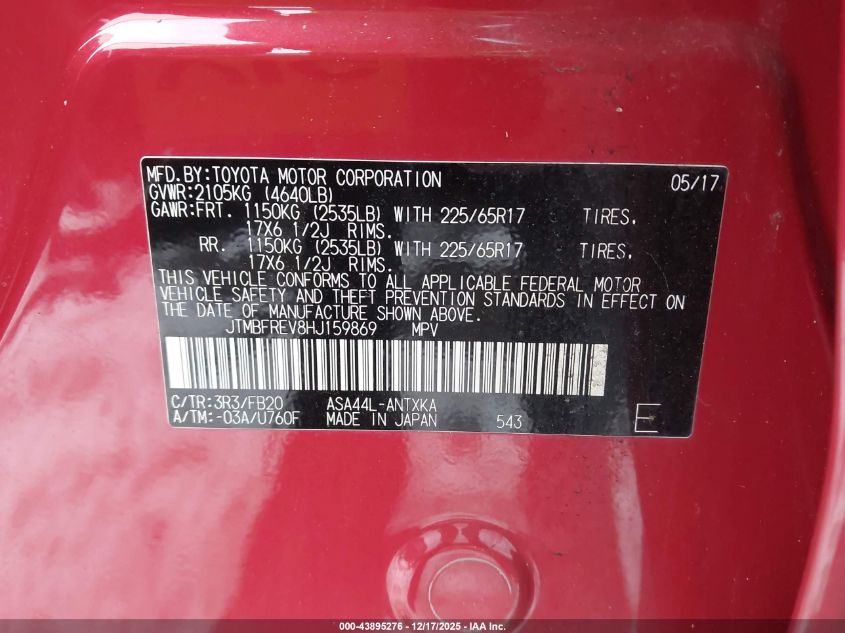 2017 Toyota Rav4 Le VIN: JTMBFREV8HJ159869 Lot: 43895276