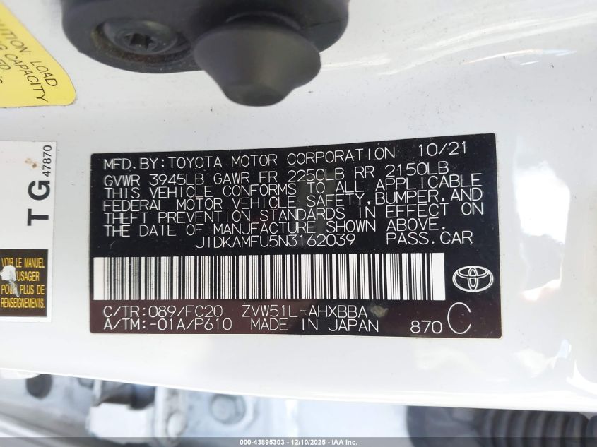 2022 Toyota Prius L VIN: JTDKAMFU5N3162039 Lot: 43895303