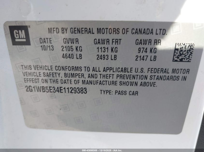 2014 Chevrolet Impala Limited Lt VIN: 2G1WB5E34E1129383 Lot: 43895305