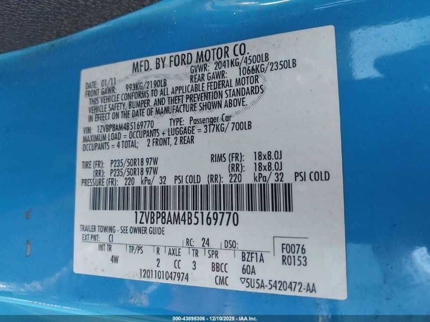 2011 Ford Mustang V6 Premium VIN: 1ZVBP8AM4B5169770 Lot: 43895306