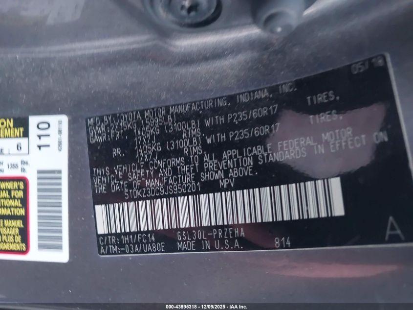 2018 Toyota Sienna Le 8 Passenger VIN: 5TDKZ3DC9JS950201 Lot: 43895318