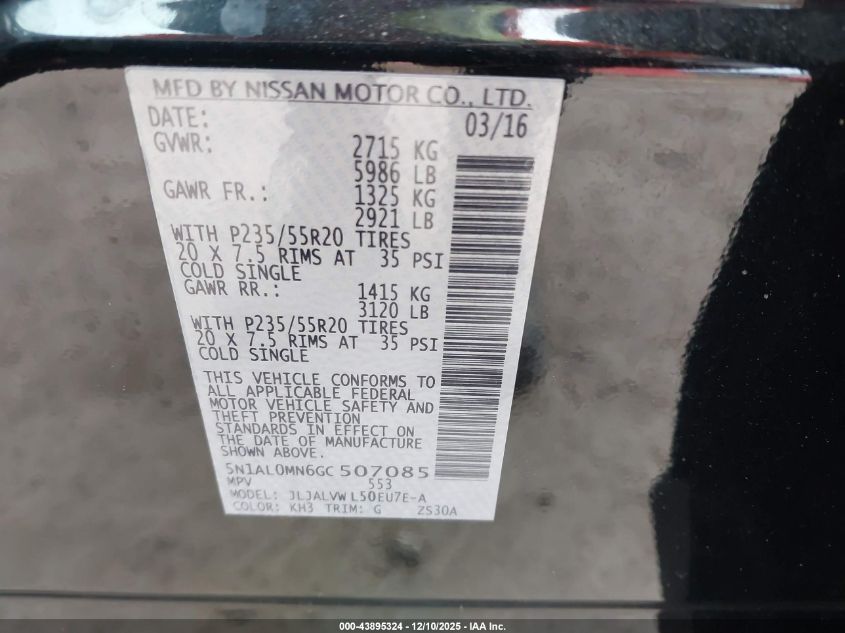 2016 Infiniti Qx60 VIN: 5N1AL0MN6GC507085 Lot: 43895324