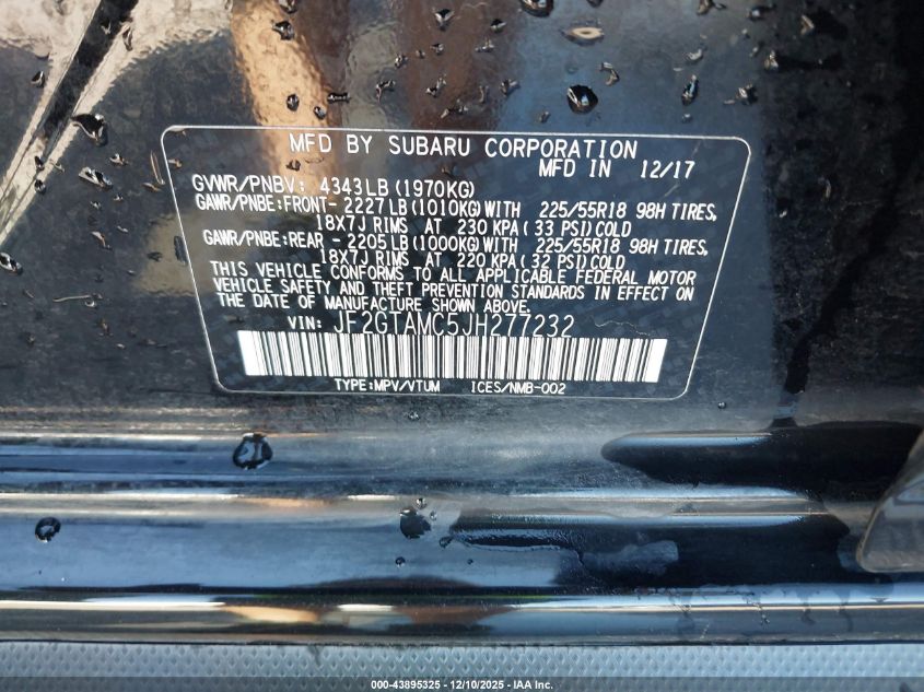 2018 Subaru Crosstrek 2.0I Limited VIN: JF2GTAMC5JH277232 Lot: 43895325