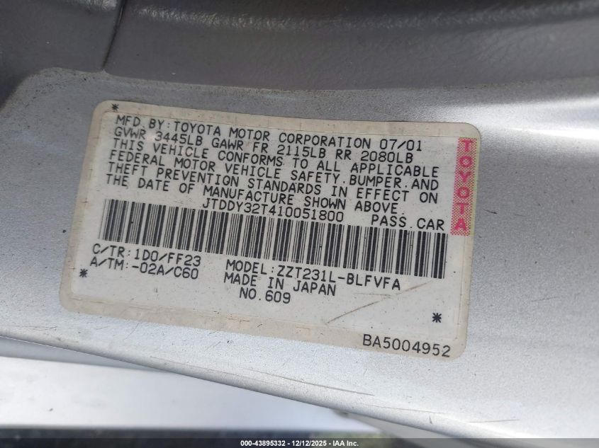 2001 Toyota Celica Gts VIN: JTDDY32T410051800 Lot: 43895332