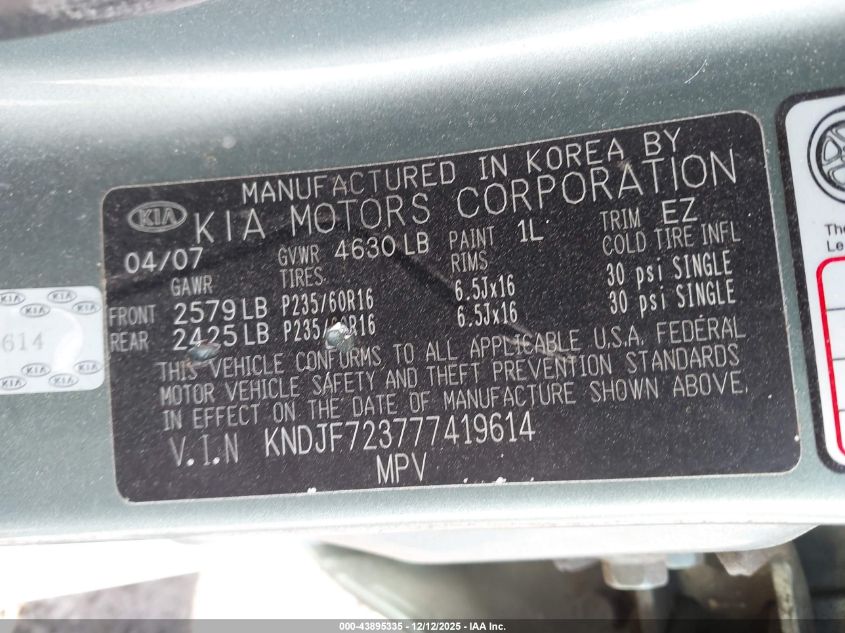 2007 Kia Sportage Lx V6 VIN: KNDJF723777419614 Lot: 43895335