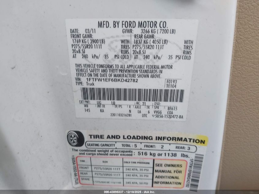 2011 Ford F-150 King Ranch VIN: 1FTFW1EF6BKD42782 Lot: 43895337