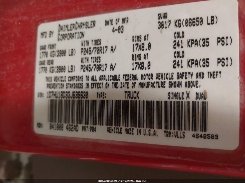 2003 Dodge Ram 1500 Slt/Laramie/St VIN: 1D7HU18D33J639630 Lot: 43895339