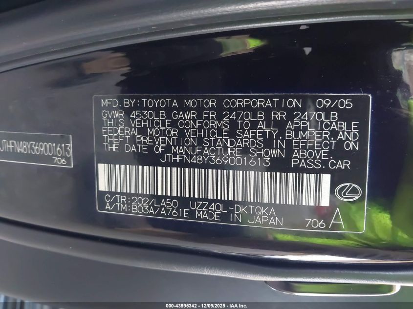 2006 Lexus Sc 430 VIN: JTHFN48Y369001613 Lot: 43895342