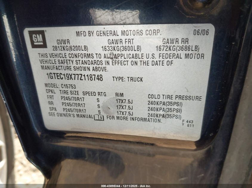 2007 GMC Sierra 1500 Classic Work Truck VIN: 1GTEC19X77Z118748 Lot: 43895344