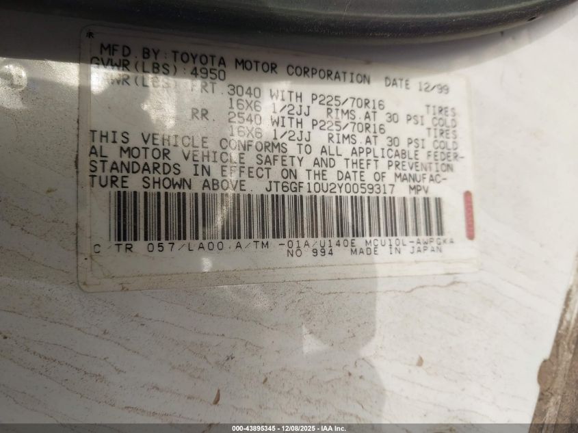 2000 Lexus Rx 300 VIN: JT6GF10U2Y0059317 Lot: 43895345