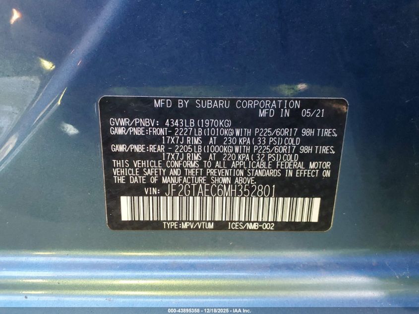 2021 Subaru Crosstrek Premium VIN: JF2GTAEC6MH352801 Lot: 43895358