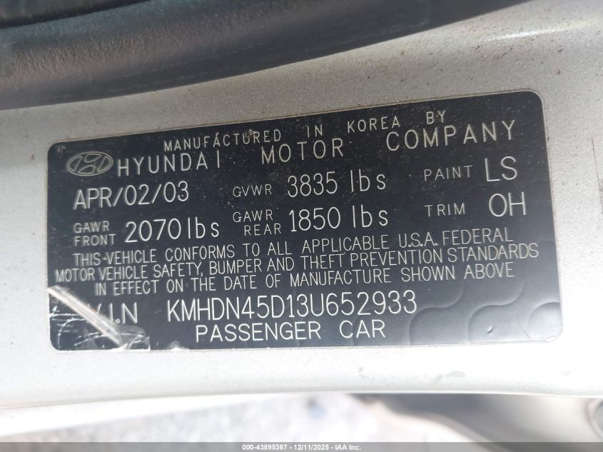 2003 Hyundai Elantra Gls/Gt VIN: KMHDN45D13U652933 Lot: 43895367