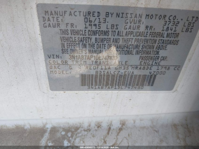 2013 Nissan Sentra S VIN: 3N1AB7AP1DL747430 Lot: 43895373