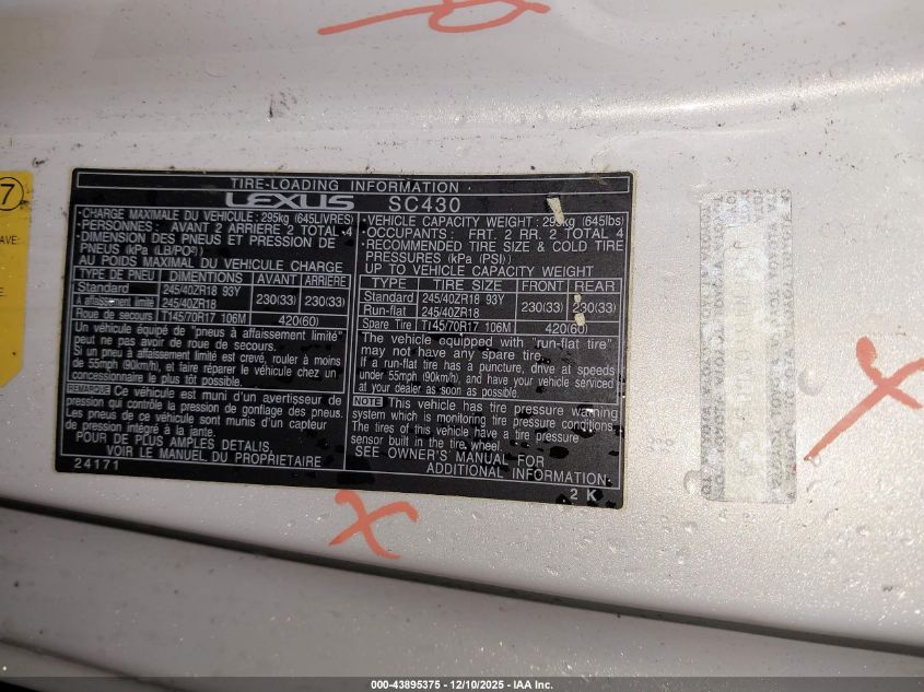 2003 Lexus Sc 430 VIN: JTHFN48Y030039459 Lot: 43895375