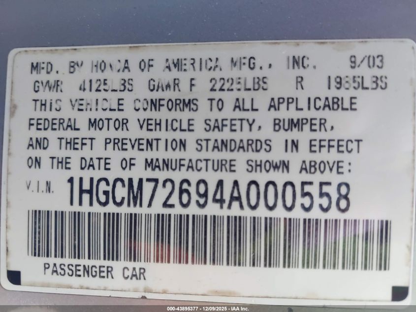 2004 Honda Accord 2.4 Ex VIN: 1HGCM72694A000558 Lot: 43895377