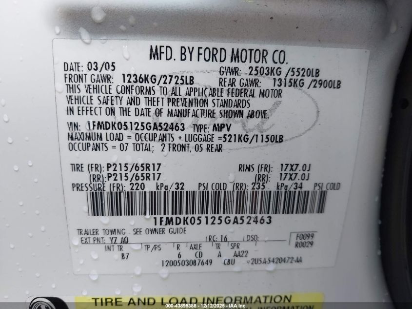 2005 Ford Freestyle Sel VIN: 1FMDK05125GA52463 Lot: 43895388