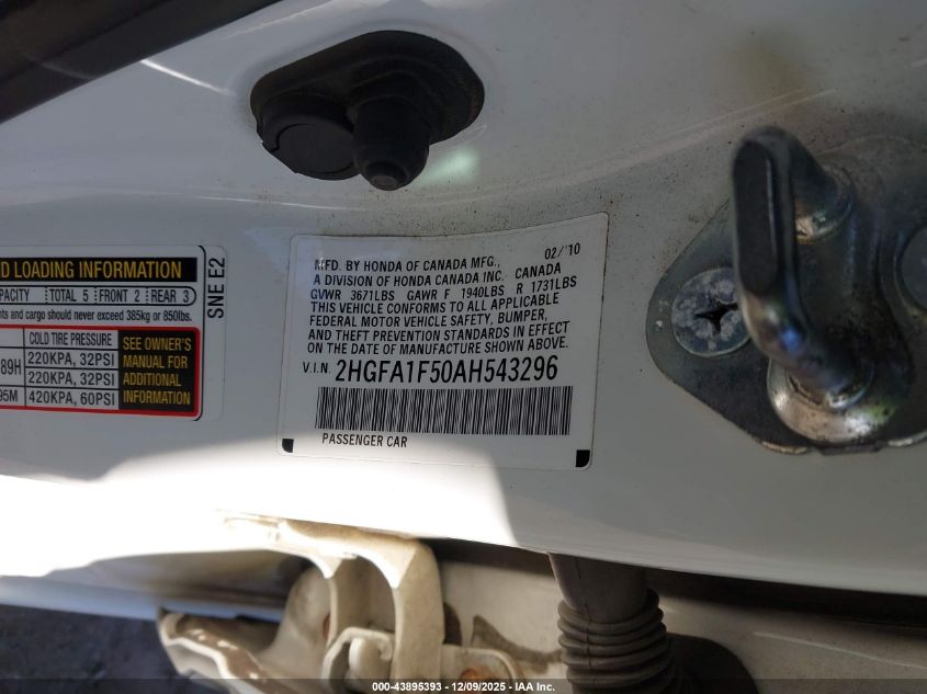 2010 Honda Civic Lx VIN: 2HGFA1F50AH543296 Lot: 43895393