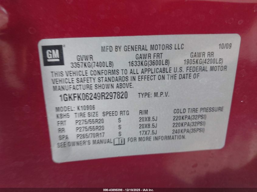 2009 GMC Yukon Xl 1500 Denali VIN: 1GKFK06249R297820 Lot: 43895398