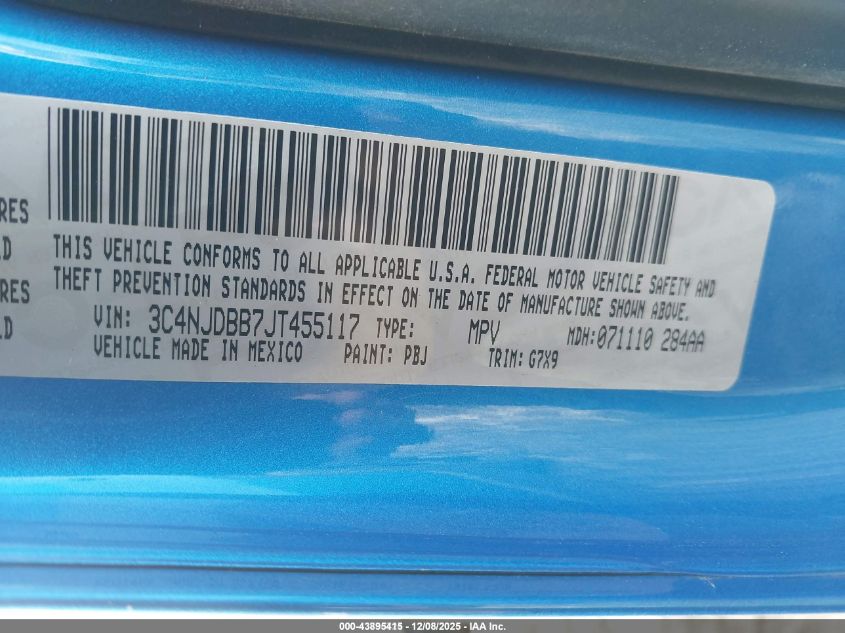 2018 Jeep Compass Altitude 4X4 VIN: 3C4NJDBB7JT455117 Lot: 43895415