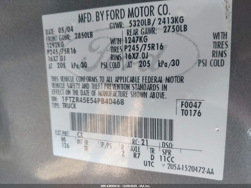 2004 Ford Ranger Edge/Tremor/Xlt VIN: 1FTZR45E54PB40468 Lot: 43895418