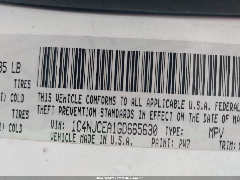2016 Jeep Compass Latitude VIN: 1C4NJCEA1GD665630 Lot: 43895421