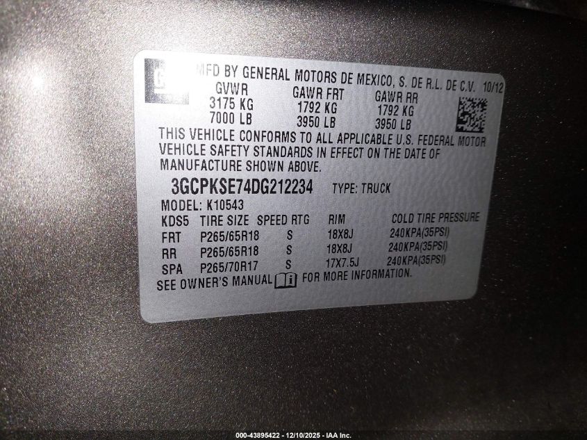 2013 Chevrolet Silverado 1500 Lt VIN: 3GCPKSE74DG212234 Lot: 43895422