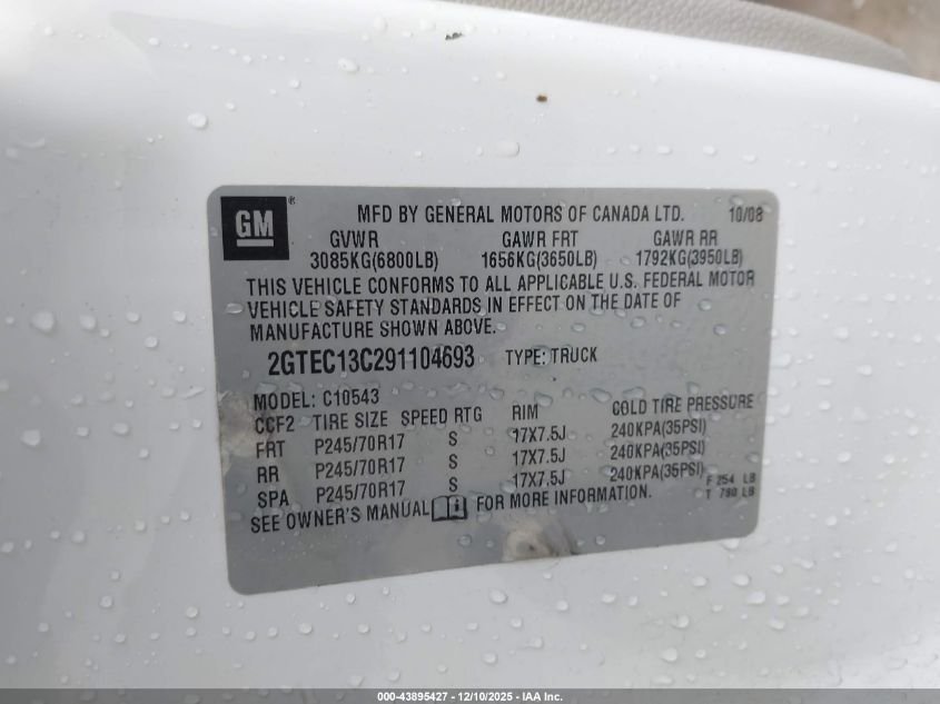 2009 GMC Sierra 1500 Work Truck VIN: 2GTEC13C291104693 Lot: 43895427