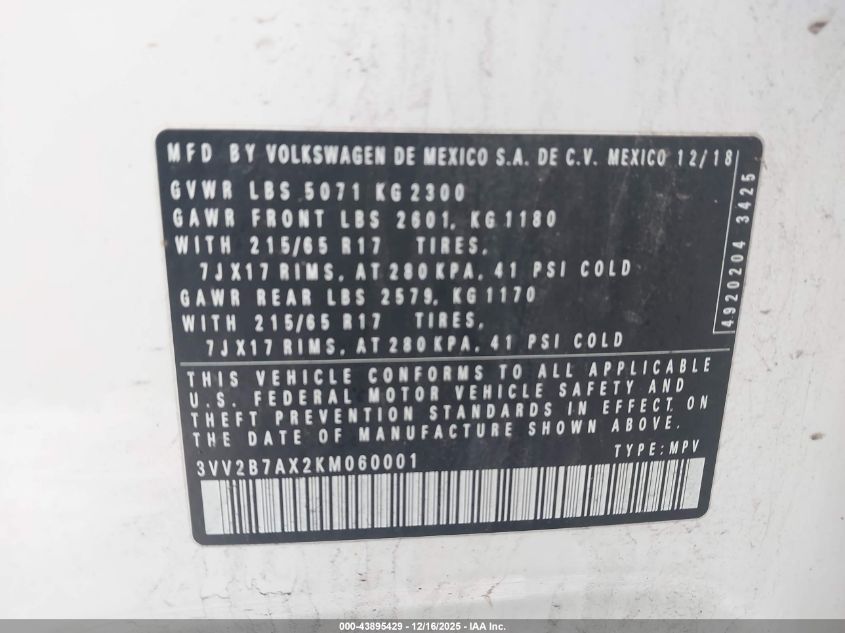 2019 Volkswagen Tiguan 2.0T Se/2.0T Sel/2.0T Sel R-Line/2.0T Sel R-Line Black VIN: 3VV2B7AX2KM060001 Lot: 43895429