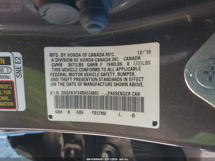 2011 Honda Civic Lx VIN: 2HGFA1F54BH534893 Lot: 43895436