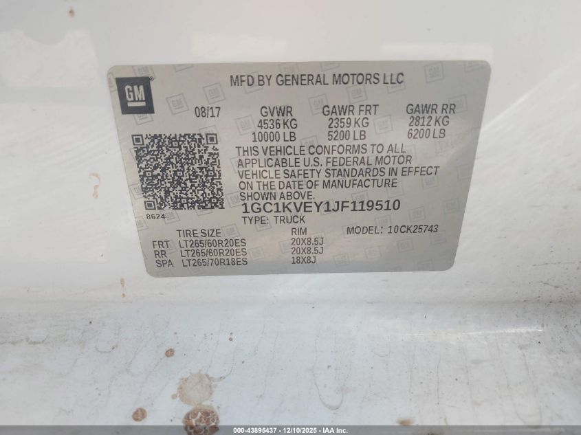 2018 Chevrolet Silverado 2500Hd Lt VIN: 1GC1KVEY1JF119510 Lot: 43895437