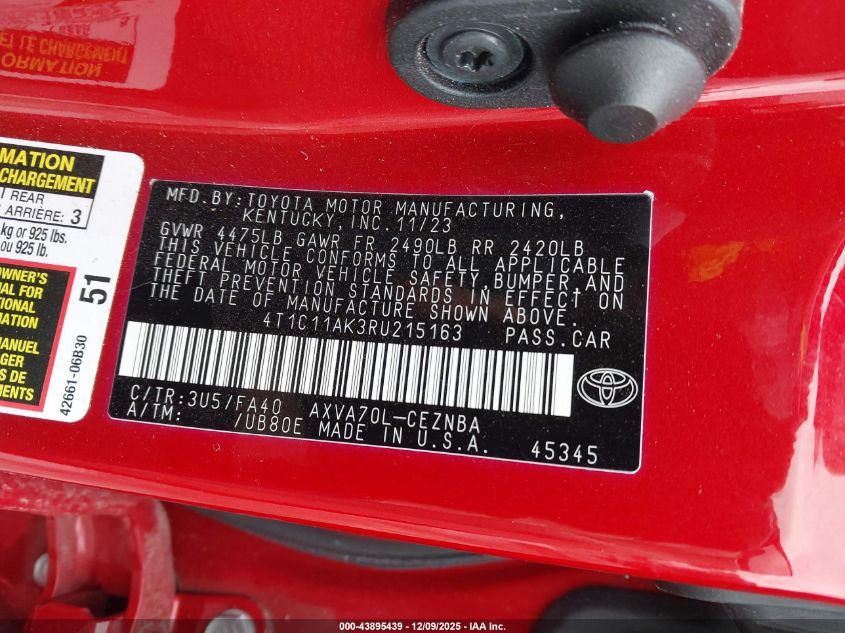 2024 Toyota Camry Le VIN: 4T1C11AK3RU215163 Lot: 43895439