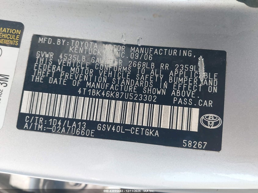 4T1BK46K87U523302 2007 TOYOTA CAMRY photo no. 9