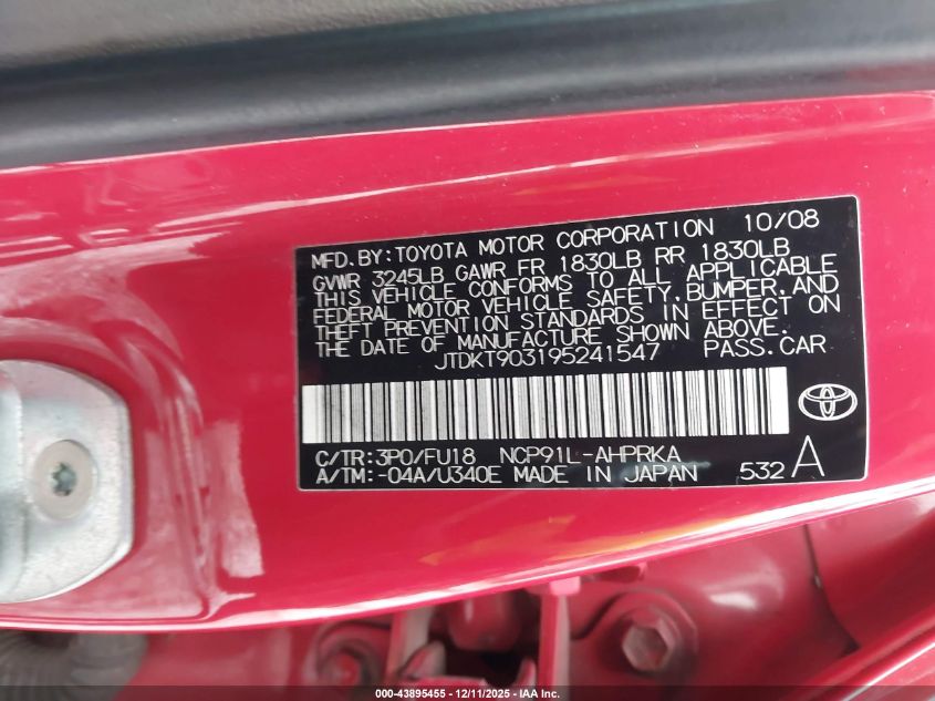 2009 Toyota Yaris VIN: JTDKT903195241547 Lot: 43895455