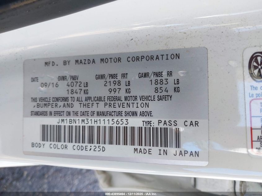 2017 Mazda Mazda3 Grand Touring VIN: JM1BN1M31H1115653 Lot: 43895464