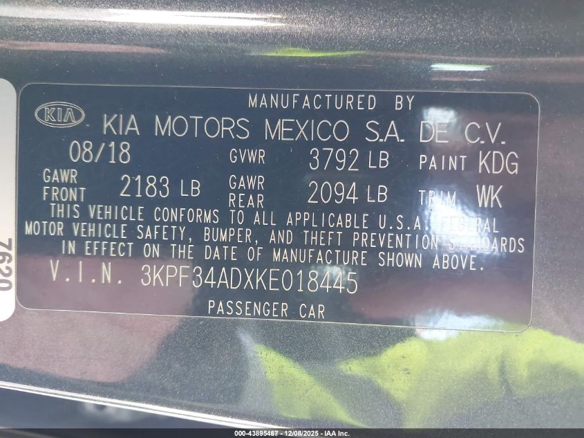 2019 Kia Forte S VIN: 3KPF34ADXKE018445 Lot: 43895467