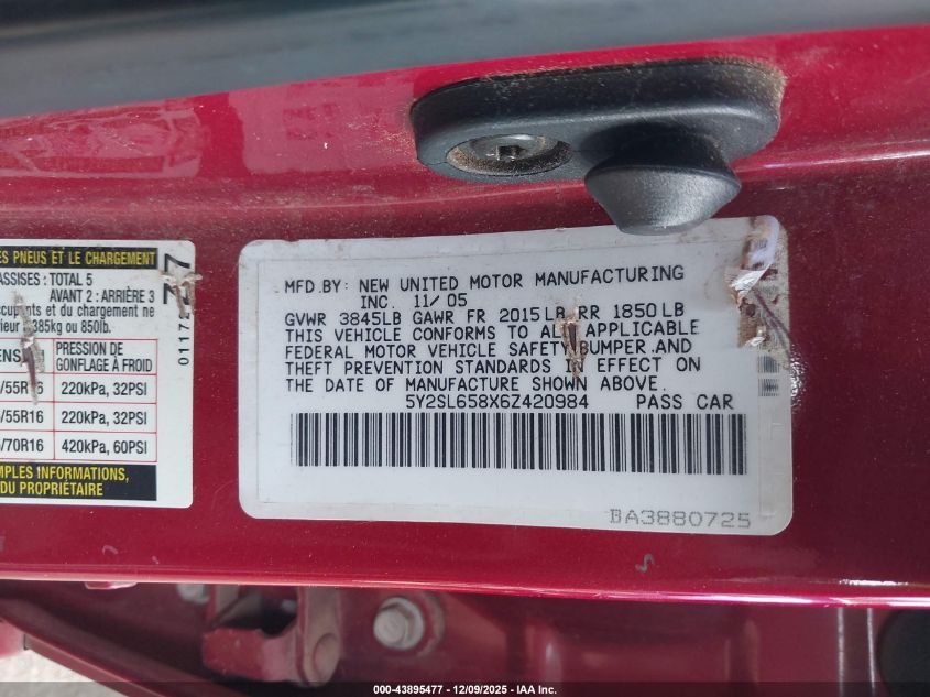 2006 Pontiac Vibe VIN: 5Y2SL658X6Z420984 Lot: 43895477