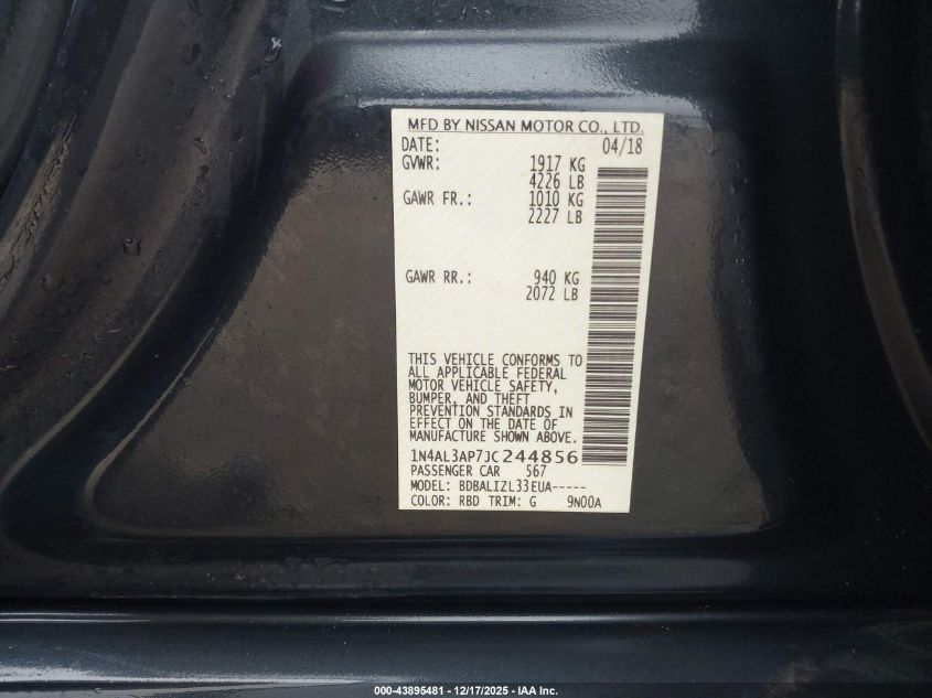 2018 Nissan Altima 2.5 Sv VIN: 1N4AL3AP7JC244856 Lot: 43895481