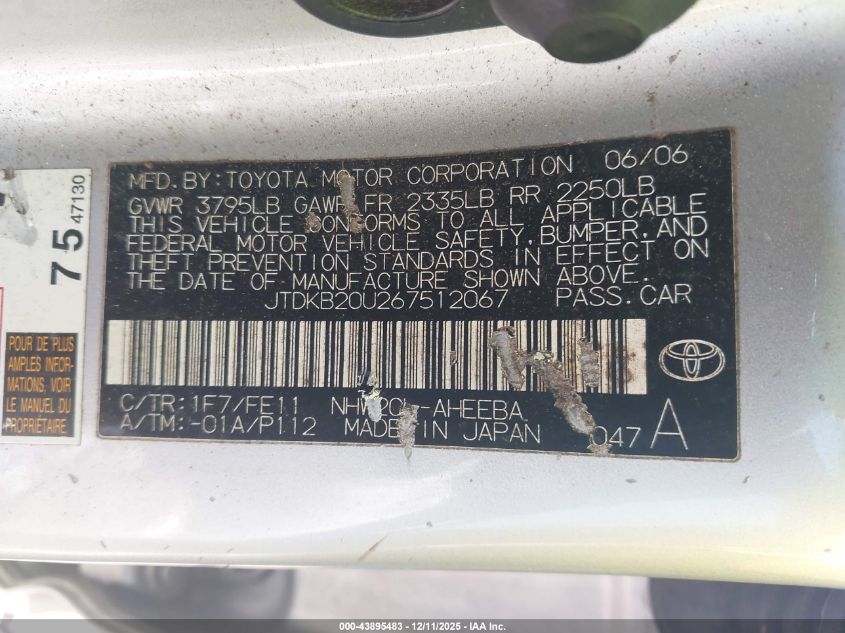 2006 Toyota Prius VIN: JTDKB20U267512067 Lot: 43895483