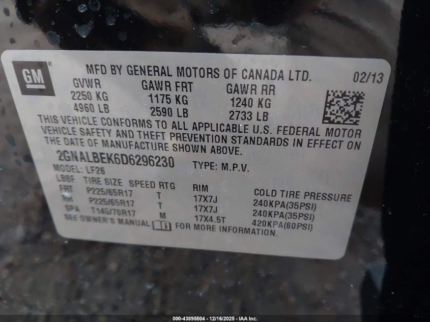 2013 Chevrolet Equinox Ls VIN: 2GNALBEK6D6296230 Lot: 43895504