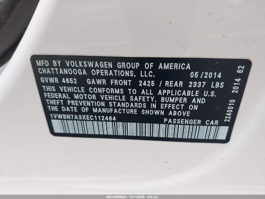 2014 Volkswagen Passat 2.0L Tdi Se VIN: 1VWBN7A3XEC112464 Lot: 43895524