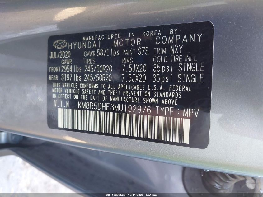 2021 Hyundai Palisade Limited VIN: KM8R5DHE3MU192976 Lot: 43895536