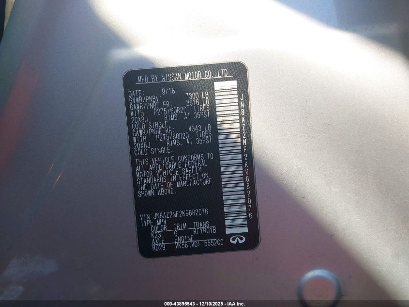 2019 Infiniti Qx80 Luxe VIN: JN8AZ2NF2K9682076 Lot: 43895543