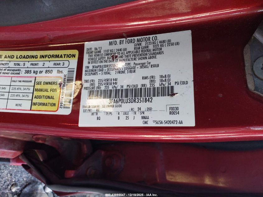 2013 Ford Fusion Hybrid Se VIN: 3FA6P0LU3DR351842 Lot: 43895547