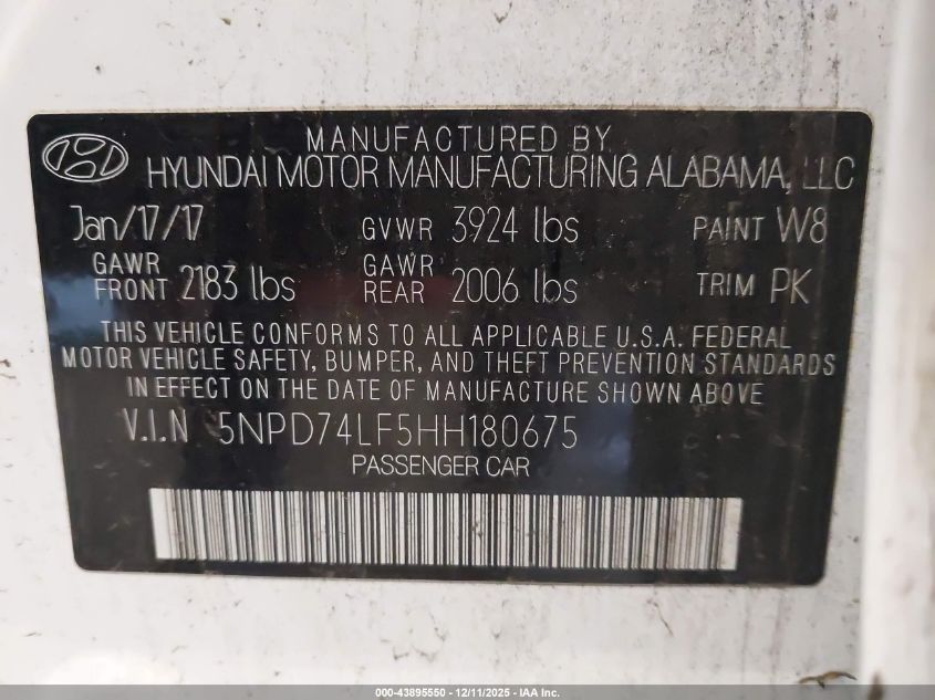 2017 Hyundai Elantra Se VIN: 5NPD74LF5HH180675 Lot: 43895550