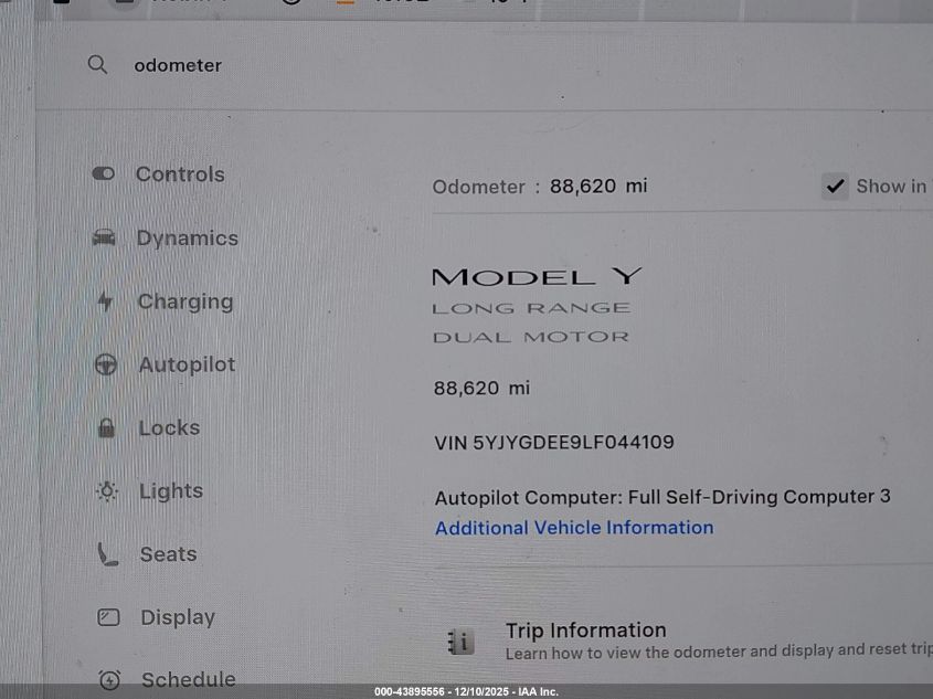 2020 Tesla Model Y Long Range Dual Motor All-Wheel Drive VIN: 5YJYGDEE9LF044109 Lot: 43895556