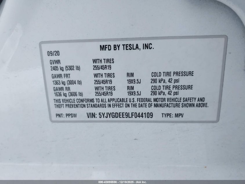 2020 Tesla Model Y Long Range Dual Motor All-Wheel Drive VIN: 5YJYGDEE9LF044109 Lot: 43895556