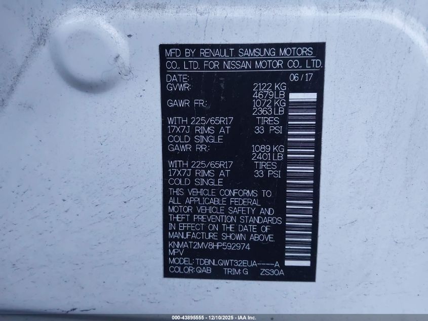 2017 Nissan Rogue Sv VIN: KNMAT2MV8HP592974 Lot: 43895555