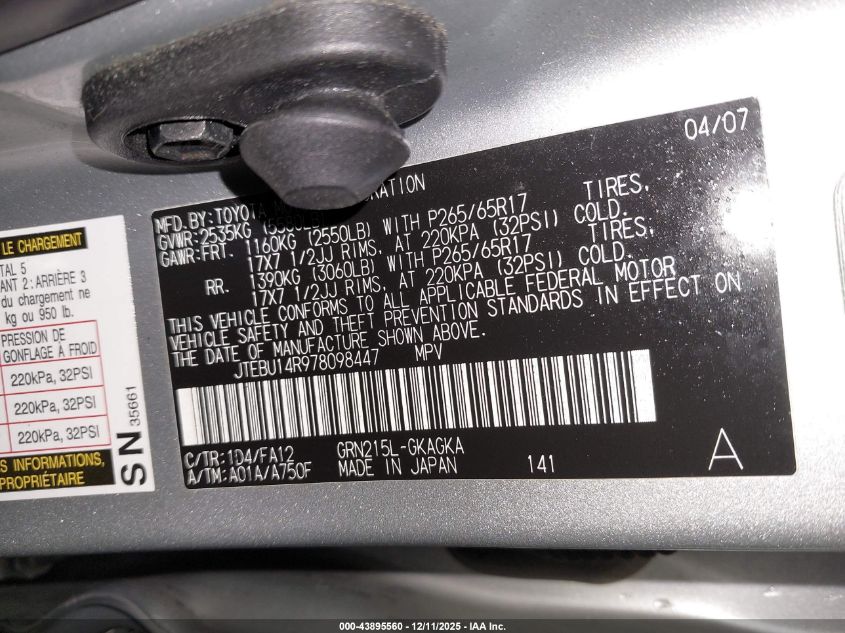 2007 Toyota 4Runner Sr5 V6 VIN: JTEBU14R978098447 Lot: 43895560