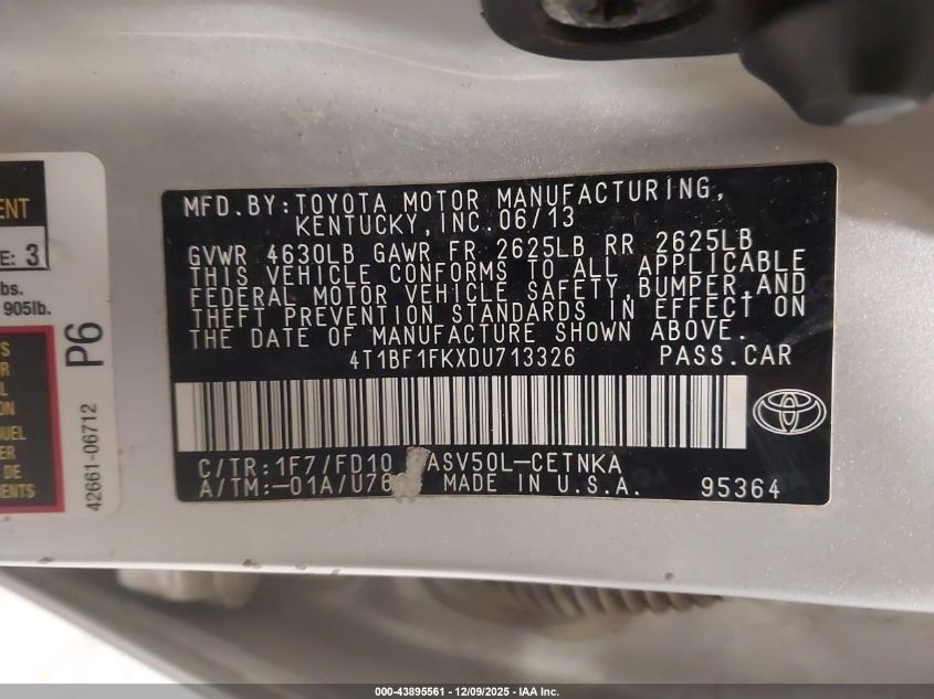 2013 Toyota Camry Le VIN: 4T1BF1FKXDU713326 Lot: 43895561